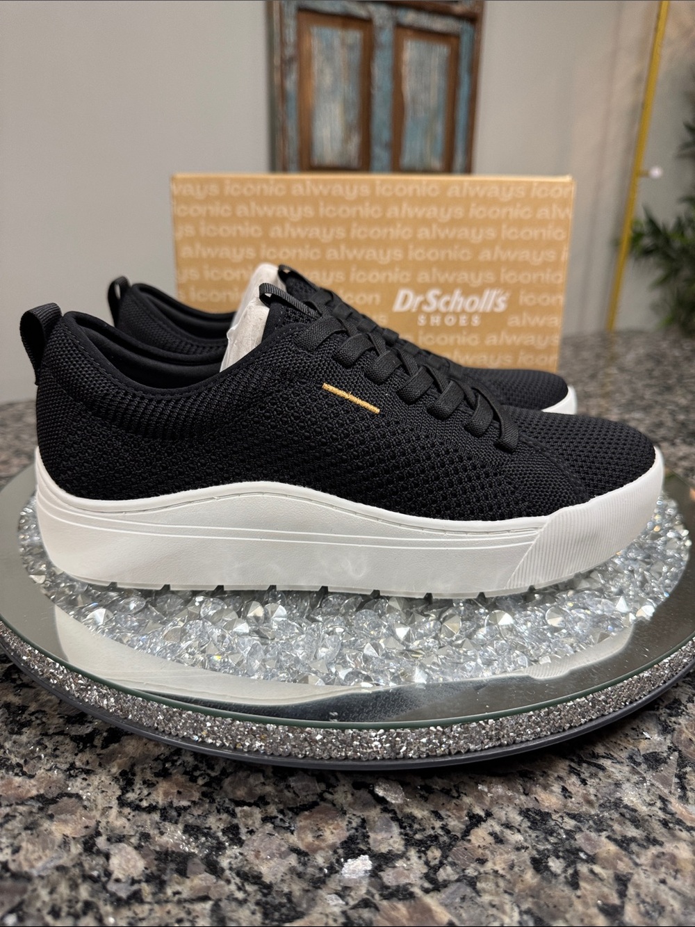 Dr. Scholl's Black Knit Platform Sneaker with White Sole easy clean odor control